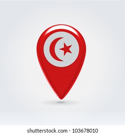 Glossy colorful Tunis map application point label symbol hanging over enlightened background