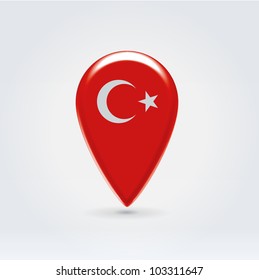 Glossy colorful Turkey map application point label symbol hanging over enlightened background