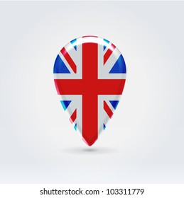 Glossy colorful UK map application point label symbol hanging over enlightened background