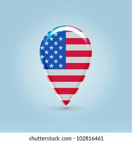 Glossy colorful USA map application point symbol hanging over light blue background