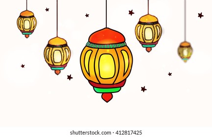 Glossy colourful Lamps decorated background for Islamic Holy Month, Ramadan Kareem celebration.