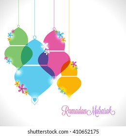 Glossy colourful Lamps decorated greeting card design for Islamic Holy Month, Ramadan Mubarak celebration.
