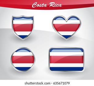 Glossy Costa Rica flag icon set with shield, heart, circle and rectangle shapes in silver frame. Vector illustration.