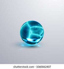 Glossy cracked crystal ice sphere. Vector illustration. Glossy transparent fractured ball with caustics effect. Blue gemstone or mineral bubble. Game art concept. Gamedev design element.