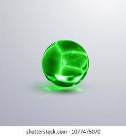Glossy cracked crystal sphere. Vector illustration. Glossy transparent fractured ball with caustics effect. Gemstone or green glass bubble.