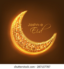 Glossy creative crescent moon with text Jashn-e-Eid on shiny brown background for muslim community festival celebration.