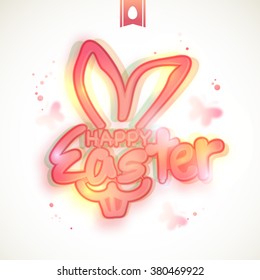 Glossy creative text Happy Easter with Bunny face on butterflies decorated background.