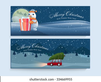 Glossy creative website header or banner set for Merry Christmas and Happy New Year celebrations.
