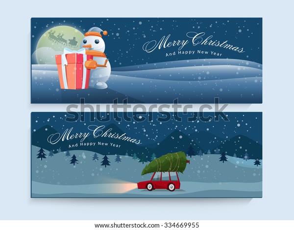 Glossy creative website header or\
banner set for Merry Christmas and Happy New Year\
celebrations.