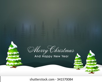 Glossy creative Xmas Trees on night background for Merry Christmas and Happy New Year celebration.