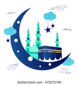 Glossy Crescent Moon with Masjid and Kaaba, Mekkah for Muslim Community Festivals Celebration.