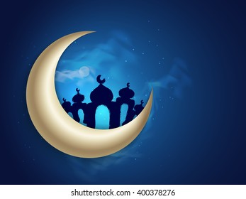 Glossy Crescent Moon with Mosque on blue night background for Holy Month of Muslim Community, Ramadan Kareem celebration.