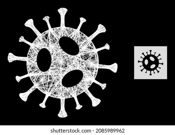 Glossy crossing mesh 2019-ncov virus icon with light spots and white mesh on a black background. Light vector mesh based on 2019-ncov virus picture,