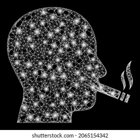 Glossy crossing mesh cigarette smoker with light spots. Vector frame based on cigarette smoker icon, and from crossed lines. Glossy frame mesh cigarette smoker on a black background.