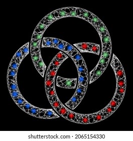 Glossy crossing mesh circle links knot with lightspots. Vector model based on circle links knot icon, and from crossing lines. Illuminated carcass mesh circle links knot on a black background.