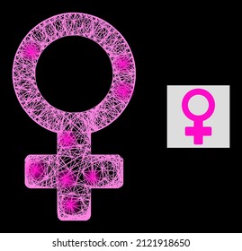 Glossy crossing mesh female symbol with glowing spots on a black background. Light vector mesh is created from female symbol pictogram, with hatched mesh and light spots.