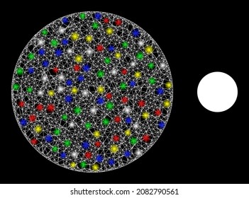 Glossy crossing mesh filled circle icon with glow effect on a black background. Bright colorful vector constellation is created from filled circle icon, with white mesh and majestic lightspots.