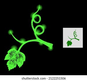 Glossy crossing mesh grape sprout with light spots on a black background. Light vector constellation is created from grape sprout picture, with intersected mesh and light dots.