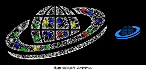 Glossy crossing mesh planet orbit icon with glow effect on a black background. Light colored vector model is created from planet orbit icon, with white mesh and majestic light dots.