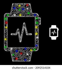 Icono del rastreador de pulso de malla que cruza brillante con efecto de brillo sobre un fondo oscuro. Modelo vectorial de luz multicolor creado a partir del símbolo del rastreador de pulsos, con malla blanca y manchas luminosas brillantes.