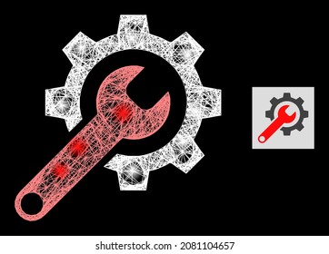 Glossy crossing mesh repair tools with light spots on a black background. Light vector mesh based on repair tools pictogram, with irregular mesh and light spots.