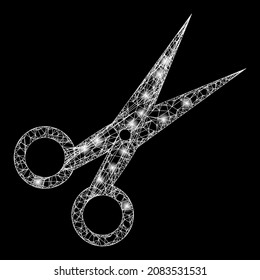 Glossy crossing mesh scissors with lightspots. Vector grid generated from scissors icon, and from crossing lines. Glowing frame mesh scissors on a black background.