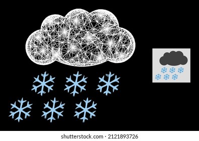 Brillante cruzando la nube de nieve de malla con manchas de luz sobre un fondo negro. La estructura vectorial brillante se basa en el pictograma de la nube de nieve, con red irregular y puntos de luz.