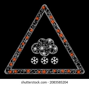 Glossy crossing mesh snow warning with light spots. Vector carcass based on snow warning icon, and with intersected lines. Flare carcass mesh snow warning on a black background.