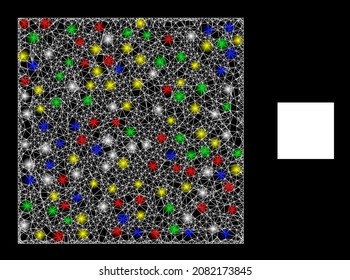 Glossy crossing mesh square icon with glow effect on a dark background. Bright multicolored vector mesh is created from square icon, with white mesh and multicolored light dots.