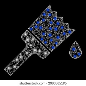 Glossy crossing mesh wet painting with glowing spots. Vector frame based on wet painting icon, and with intersected lines. Bright frame mesh wet painting on a black background.
