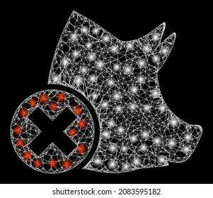 Cruzando la malla brillante cerdo equivocado con focos. Carcasa vectorial basada en un icono de cerdo equivocado, y con líneas de cruce. La malla de marco iluminada es cerdo equivocado sobre fondo negro.
