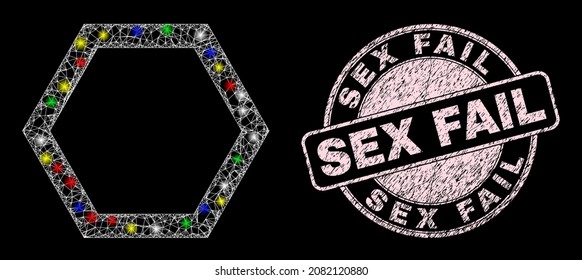 Icono de hexágono vacío de malla cruzada brillante con efecto de resplandor sobre el fondo negro con imitación de sello de goma de falla sexual. El sello rosado contiene texto de fallo sexual en forma redonda.