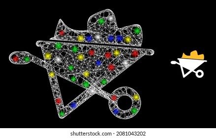 Glossy crossing net mesh filled wheelbarrow icon with glitter effect on a black background. Light multi colored vector mesh created from filled wheelbarrow icon,