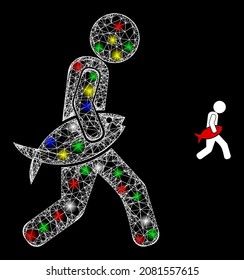 Icono de ladrón de pescado de malla de cruzamiento brillante con efecto de brillo en un fondo negro. El modelo vectorial de color claro se crea a partir de ícono del ladrón de peces, con malla blanca y puntos de luz vibrantes.