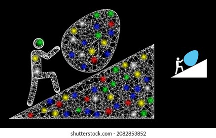 Glossy crossing net mesh man rolling egg up icon with glare effect on a black background. Bright colored vector mesh created from man rolling egg up pictogram, with white mesh and bright lightspots.