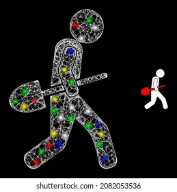 Glossy crossing net mesh shovel robber icon with glitter effect on a black background. Light colored vector mesh is created from shovel robber symbol, with white mesh and bright light spots.