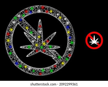 Glossy crossing net mesh stop cannabis icon with glare effect on a dark background. Illuminated colored vector mesh created from stop cannabis icon, with white mesh and magic light spots.