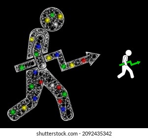 Brillante cruzando la malla de la red tendencia hacia arriba icono del mensajero con efecto de brillo en un fondo negro. La malla vectorial de color brillante se crea a partir de un icono de mensajero de tendencia alta, con malla blanca y puntos de luz de polvo estelar.