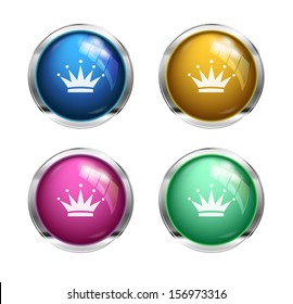 Glossy crown buttons: blue, yellow, pink and blue