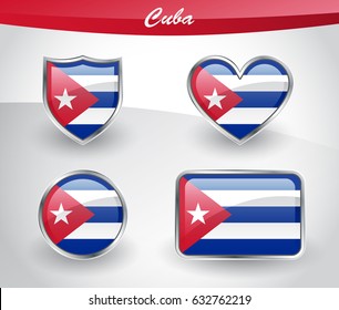 Glossy Cuba flag icon set with shield, heart, circle and rectangle shapes in silver frame. Vector illustration.
