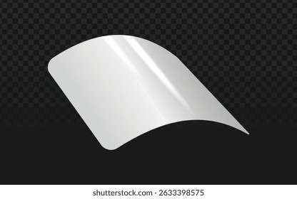 Glossy curved silver foil sticker with authentic metallic reflections, perfect for luxury product labels, cosmetic packaging, or wine bottle branding. Realistic vector mockup.