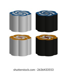 Glossy cylinder icons. Twisted roll shape. Vector industrial element. Colorful packaging object