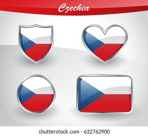 Glossy Czechia - Czech Republic flag icon set with shield, heart, circle and rectangle shapes in silver frame. Vector illustration.
