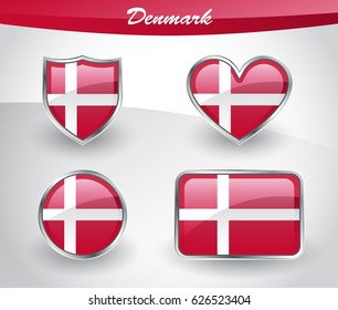 Glossy Denmark flag icon set with shield, heart, circle and rectangle shapes in silver frame. Vector illustration.