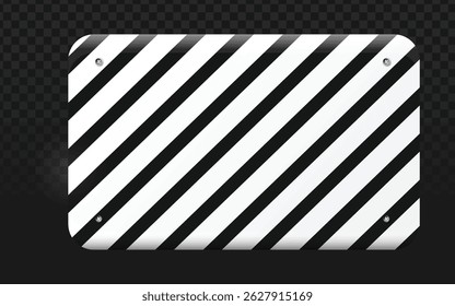 Glossy diagonal black-and-white striped sign with silver rivets, ideal for hazard warnings, industrial decor, or punk-inspired graphics. Perfect for safety signage, edgy branding, or urban design