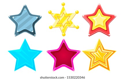 Glossy Different Stars Set, Game User Interface Assets Vector Illustration