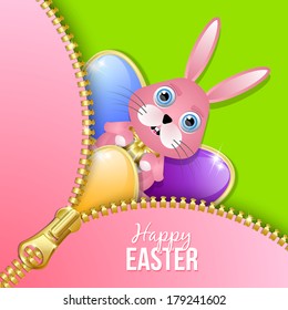 Glossy Easter eggs and bunny with zipper on green background