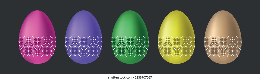 Glossy Easter eggs. Colorful design for postcard, invitation, illustration or website. Festive decor with ornament. Vector gradient.