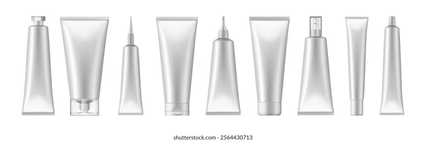 Glossy empty plastic tubes for cosmetics products. Vector isolated set of containers with caps and copy space, mockup packaging for skincare and pastes. Blank pack with lid to close and open