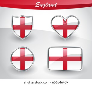 Glossy England flag icon set with shield, heart, circle and rectangle shapes in silver frame. Vector illustration.
